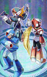 Rule 34 | 3boys, arm cannon, armor, axl (mega man), black armor, blonde hair, blue armor, blue helmet, brown hair, chest jewel, cross scar, dwn0001130, forehead jewel, group picture, gun, helmet, highres, holding, holding gun, holding sword, holding weapon, long hair, male focus, mega man (series), mega man x8, mega man x (series), mega man zero (series), multiple boys, red armor, red helmet, scar, scar on face, spiked hair, sword, trigger discipline, watermark, weapon, x (mega man), z saber