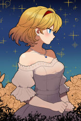 1girl alice_margatroid alternate_costume bare_shoulders bead_necklace beads blonde_hair blue_eyes blue_gemstone bollzzalguy breasts closed_mouth collarbone dress gem highres jewelry medium_breasts necklace profile short_hair solo teeth touhou upper_teeth_only white_dress
