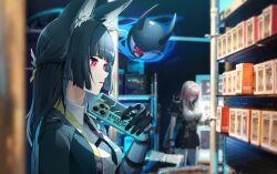 Rule 34 | 2girls, absurdres, animal ears, armor, black gloves, black necktie, black skirt, blunt bangs, breasts, closed eyes, closed mouth, commentary, dress shirt, fox ears, fox girl, glasses, gloves, green jacket, hair between eyes, high-waist skirt, highres, holding, holding phone, hoshimi miyabi, indoors, jacket, jelmul, large breasts, long hair, looking ahead, multiple girls, necktie, open mouth, pencil skirt, phone, pink hair, red eyes, shirt, shoulder armor, sidelocks, skirt, smile, tailless (zenless zone zero), teeth, tsukishiro yanagi, upper teeth only, white shirt, zenless zone zero