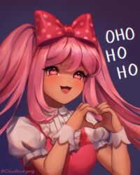 1girl :3 :d bow broken_heart buttons chromatic_aberration cloudbunp collared_shirt commentary dark-skinned_female dark_skin double-parted_bangs dress english_commentary english_text eyebrows_hidden_by_hair film_grain frilled_sleeves frills hair_between_eyes hair_bow hands_up heart heart-shaped_pupils heart_hands highres instagram_username long_hair looking_at_viewer omori open_mouth pink_dress pink_eyes pink_hair polka_dot polka_dot_bow puffy_short_sleeves puffy_sleeves purple_background red_bow shirt short_sleeves sidelocks simple_background sleeveless sleeveless_dress smile solo sparkle sweetheart_(omori) symbol-shaped_pupils tongue twintails upper_body white_shirt white_wrist_cuffs wrist_cuffs