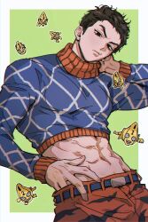 1boy 6+others abs alrlmigi animal_print argyle_clothes argyle_sweater belt black_belt black_eyes black_hair blue_sweater colored_skin commentary_request crop_top guido_mista hand_on_own_hip highres jojo_no_kimyou_na_bouken korean_commentary male_focus midriff multiple_others no_headwear numbered pants red_pants sex_pistols_(stand) short_hair solo stand_(jojo) sweater toned toned_male turtleneck turtleneck_sweater vento_aureo yellow_skin zebra_print