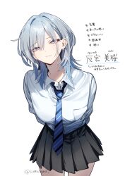 1girl absurdres arms_behind_back black_skirt blue_necktie blush breasts character_name character_profile commentary_request diagonal-striped_clothes diagonal-striped_necktie ear_piercing earrings fang grey_hair gyaru haimiya_mio_(kamiyama_sumu) hashtag highres jewelry kamiyama_sumu kogal looking_at_viewer medium_breasts medium_hair miniskirt mole mole_under_eye necktie original piercing pleated_skirt school_uniform simple_background skin_fang skirt solo striped_clothes stud_earrings thighs translation_request twitter_username white_background