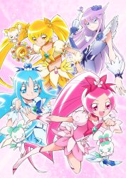 &gt;_&lt; 4girls :d aizawa_zawapo blonde_hair blue_boots blue_bow blue_choker blue_eyes blue_flower blue_gloves blue_hair blue_rose blue_wrist_cuffs blush boots bottle bow brooch chest_bow choker chypre_(heartcatch_precure!) clenched_hand closed_eyes coffret_(heartcatch_precure!) collarbone commentary creature crop_top cure_blossom cure_marine cure_moonlight cure_sunshine dress earrings elbow_gloves fairy flower flower_dress flower_earrings flower_skirt flower_tact full_body gloves hair_between_eyes hair_bow hair_flower hair_ornament hanasaki_tsubomi heart heart_brooch heartcatch_precure! high_ponytail highres holding holding_wand holding_weapon jewelry knee_boots kurumi_erika leg_up long_hair looking_at_viewer magical_girl midriff multicolored_boots multiple_girls myoudouin_itsuki navel official_style open_mouth outstretched_arm perfume_bottle pink_background pink_boots pink_bow pink_choker pink_dress pink_eyes pink_wrist_cuffs ponytail potpourri_(heartcatch_precure!) pouch precure puffy_short_sleeves puffy_sleeves purple_bow purple_choker purple_hair purple_trim purple_wrist_cuffs rose shiny_tambourine_(heartcatch_precure!) short_dress short_sleeves single_elbow_glove skirt smile sparkle sparkle_background thighhighs tsukikage_yuri twintails two-tone_boots two-tone_dress umakoshi_yoshihiko_(style) very_long_hair waist_bow wand weapon white_boots white_dress white_thighhighs wrist_cuffs yellow_bow yellow_choker yellow_skirt yellow_wrist_cuffs