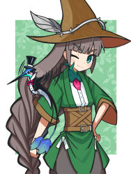 1girl aqua_eyes belt belt_buckle bird black_hat blunt_bangs border braid brown_hair brown_hat buckle buttons character_request closed_mouth collar green_collar hand_on_own_hip hat highres light_blush long_hair looking_at_viewer majo_to_hyakkihei_2 one_eye_closed outside_border shirt smile solo suaman tailcoat top_hat v-shaped_eyebrows very_long_hair white_border white_shirt witch_hat