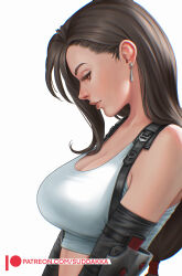 Rule 34 | 1girl, arm armor, black hair, breasts, cleavage, crop top, earrings, elbow gloves, final fantasy, final fantasy vii, final fantasy vii remake, floating earrings, from side, gloves, highres, jewelry, large breasts, lips, long hair, looking down, low-tied long hair, patreon username, red eyes, simple background, solo, suddakka, suspenders, tank top, tifa lockhart, upper body, very long hair, watermark, web address, white background, white tank top
