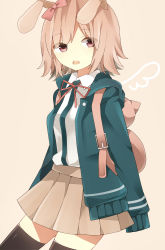 1girl alternate_hair_ornament animal_bag animal_ears backpack bag black_thighhighs bow brown_skirt cat_bag collared_shirt commentary_request cowboy_shot danganronpa_(series) danganronpa_2:_goodbye_despair ear_bow green_jacket green_shirt highres hood hood_down hooded_jacket jacket long_sleeves looking_at_viewer nanami_chiaki neck_ribbon open_clothes open_jacket open_mouth pink_bow pink_eyes pink_ribbon pleated_skirt rabbit_ears ribbon shirt skirt sleeves_past_fingers sleeves_past_wrists smile solo teeth thighhighs two-tone_shirt upper_teeth_only white_shirt yuusa zettai_ryouiki