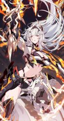 1girl aer007580 arm_up armor black_thighhighs body_markings breasts cleavage commentary english_commentary erdos_helia erdos_helia_(planar_armament:_warped_spacetime) facial_mark floating_hair gauntlets hair_floating_upwards hair_intakes headgear highres honkai_(series) honkai_impact_3rd large_breasts long_hair mole mole_under_eye navel official_art parted_lips red_pupils second-party_source single_thighhigh solo stomach thighhighs thighs very_long_hair white_hair yellow_eyes