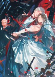 1boy 1girl absurdres alcohol bare_shoulders bird black_jacket black_suit bow bowtie bridal_veil brown_hair collar collared_jacket cowboy_shot crow cup detached_sleeves dress dress_shirt endofthepage flower formal_clothes grey_eyes highres holding holding_cup holding_knife holding_weapon hug jacket jewelry knife looking_at_viewer love_and_deepspace nose parted_bangs parted_lips protagonist_(love_and_deepspace) red_bow red_bowtie red_collar red_eyes red_wine rose shirt short_hair sleeveless suit suit_jacket sword sylus_(abyssal_sovereign)_(love_and_deepspace) veil weapon wedding_dress white_dress white_hair white_shirt wine