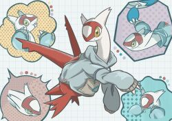 :p abstract_background blue_hoodie clothed_pokemon colored_skin crying gen_3_pokemon highres holding_hands hood hoodie komugicorn latias latios legendary_pokemon multicolored_skin nintendo no_humans open_mouth pokemon pokemon_(creature) red_skin tears tongue tongue_out two-tone_skin yellow_eyes