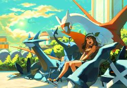 1girl absurdres bandana battle_frontier_(pokemon) bench bike_shorts bike_shorts_under_shorts blush breasts brown_hair closed_eyes closed_mouth fanny_pack gen_2_pokemon gen_3_pokemon gloves green_bandana heracross highres latias legendary_pokemon long_hair may_(pokemon) metagross nintendo open_mouth orange_shirt orisghost pokemon pokemon_(creature) pokemon_emerald pokemon_rse salamence seedot shirt shorts shorts_under_shorts sitting sleeping sleeveless smile swampert teeth tongue