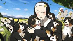 5girls @_@ ^_^ animal animal_hug animal_on_arm animal_on_shoulder baby_animal beret bernese_mountain_dog bird bird_on_shoulder black_footwear blonde_hair brown_eyes brown_hair chicken closed_eyes clumsy_nun_(diva) commentary diva_(hyxpk) dizzy dog duck english_commentary feet_up field froggy_nun_(diva) grass habit hat highres in_tree leaf little_nuns_(diva) loafers lying lying_on_person motion_blur mountainous_horizon multiple_dogs multiple_girls nun on_back outdoors paw_print pigeon puppy road shoes sky slice_of_life spicy_nun_(diva) star_(symbol) star_nun_(diva) star_ornament strict_nun_(diva) tail tail_wagging tongue tongue_out too_many too_many_dogs traditional_nun tree