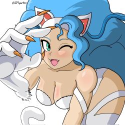 Rule 34 | 1girl, animal ears, bare shoulders, blue hair, breasts, carrying, cat ears, darkstalkers, felicia (darkstalkers), green eyes, ifspartan, large breasts, long hair, looking at viewer, one eye closed, very long hair, white background, white fur, wink