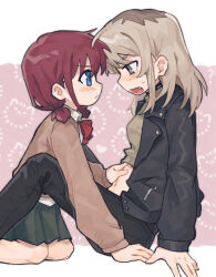 2girls between_legs black_jacket black_pants blush brown_sweater closed_mouth commentary girls_band_cry green_skirt grey_eyes grey_hair hand_on_another&#039;s_stomach highres iseri_nina jacket kawaragi_momoka long_hair multicolored_hair multiple_girls open_mouth pants pink_background pleated_skirt red_hair roots_(hair) short_twintails skirt sweatdrop sweater tutai twintails two-tone_background white_background yuri