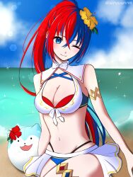 1girl absurdres arururunnnn bikini blue_bikini blue_eyes blue_hair breasts character_ball cleavage criss-cross_halter crossed_bangs female_alear_(fire_emblem) female_alear_(seaside_dragon)_(fire_emblem) fire_emblem fire_emblem_engage fire_emblem_heroes gold_armlet gold_thighlet halterneck heterochromia high_ponytail highres large_breasts long_hair multicolored_bikini multicolored_hair multicolored_swimsuit nintendo official_alternate_costume official_alternate_hairstyle ponytail red_bikini red_eyes red_hair scratching_arm showgirl_skirt sommie_(fire_emblem) split-color_hair swimsuit two-tone_hair very_long_hair white_bikini