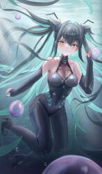 1girl absurdres black_bodysuit black_gloves black_hair black_nails bodysuit breasts bubble cleavage commentary covered_navel elbow_gloves gloves goddess_of_victory:_nikke green_hair hair_intakes high_heels highres just_tume large_breasts little_mermaid_(nikke) looking_at_viewer multicolored_hair see-through_cleavage see-through_clothes skin_tight solo twintails two-tone_hair underwater