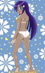 Rule 34 | 1girl, a-king, ass, barefoot, bikini, bikini bottom only, bikini tan, blue background, blue eyes, blue hair, blush, breasts, covering breasts, covering privates, dark skin, floral background, from behind, hair ornament, heart, heart background, long hair, looking at viewer, looking back, medium breasts, naganohara yoshino, nichijou, open mouth, smile, smiley hair ornament, standing, swimsuit, tan, tanline, topless female, white bikini
