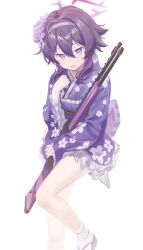 1girl absurdres blue_archive floral_print floral_print_kimono flower gun hair_between_eyes hair_flower hair_ornament hairband haruka_(blue_archive) haruka_(new_year)_(blue_archive) highres holding holding_gun holding_weapon japanese_clothes kimono long_hair looking_at_viewer official_alternate_costume print_kimono purple_eyes purple_flower purple_hair purple_hairband purple_kimono sandals short_kimono shotgun sidelocks socks solo weapon white_socks xianyusixu