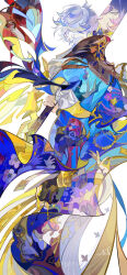 Rule 34 | 1boy, abstract, blue skirt, cloak, closed eyes, commentary, cowboy shot, cyrene (honkai: star rail), english commentary, ezu (e104mjd), facing viewer, grey hair, highres, holding, holding sword, holding weapon, honkai: star rail, honkai (series), phainon (honkai: star rail), pink eyes, reflection, short hair, simple background, skirt, solo, sword, weapon, white background