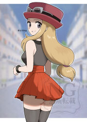 1girl absurdres ass blonde_hair blurry blurry_background bracelet breasts commentary_request eyelashes eyewear_on_headwear from_behind grey_eyes grin hat highres jewelry long_hair looking_back low-tied_long_hair nintendo pleated_skirt pokemon pokemon_xy rurihikop serena_(pokemon) shirt skirt sleeveless sleeveless_shirt smile solo sunglasses teeth thighhighs watermark