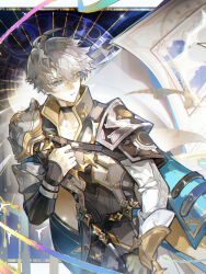 1boy antenna_hair armor black_choker black_gloves black_shirt blue_cape blue_eyes cape chinese_commentary choker coat commentary_request cuts fingerless_gloves gloves highres holding holding_sword holding_weapon honkai:_star_rail honkai_(series) injury iron_hailai looking_to_the_side male_focus parted_bangs pauldrons phainon_(honkai:_star_rail) shirt short_hair shoulder_armor single_glove single_pauldron solo sword weapon white_coat white_hair yellow_blood