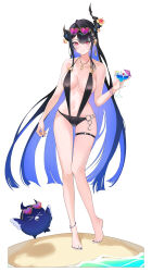 1girl absurdres alternate_costume anklet asymmetrical_horns barefoot black_hair black_horns black_slingshot_swimsuit blue_hair blue_nails breasts cocktail_glass colored_inner_hair commentary cup drinking_glass english_commentary feet flower full_body heart heart-shaped_eyewear highres holding holding_cup hololive hololive_english horn_flower horns jailbird_(nerissa_ravencroft) jewelry large_breasts long_hair matryo8 mole mole_on_thigh multicolored_hair navel necklace nerissa_ravencroft o-ring o-ring_thigh_strap purple-tinted_eyewear red_eyes simple_background slingshot_swimsuit swimsuit thigh_strap tinted_eyewear very_long_hair virtual_youtuber white_background