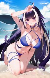 1girl absurdres ahoge animal_ears beach bikini black_hair blue_bikini blue_collar blush body_markings breasts cat_ears collar commentary criss-cross_halter day facial_mark fins halterneck heart heart_ahoge highres indie_virtual_youtuber kneeling large_breasts long_hair looking_at_viewer loser_gesture multicolored_hair navel ocean orca_girl outdoors purple_eyes sand shaoviie shylily shylily_(bikini) solo streaked_hair swimsuit two-tone_hair virtual_youtuber water wet white_hair