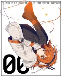 1girl a.i._voice absurdres adachi_rei android artificial_eye binary black_pantyhose blurry_edges closed_mouth commentary_request expressionless fetal_position floating_hair from_side full_body gloves hair_ribbon headlamp highres hinomiya_shiyou_(ly05yy) inset_border jacket lens_eye long_sleeves looking_at_viewer looking_to_the_side mechanical_eye medium_hair one_side_up orange_eyes orange_hair pantyhose ribbon simple_background solo sparkle upside-down utau white_background white_gloves white_jacket white_ribbon