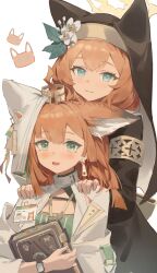 Rule 34 | 2girls, animal ear headwear, animal ears, aqua eyes, arknights, blue archive, book, closed mouth, earrings, fake animal ears, halo, hands on another&#039;s shoulders, highres, holding, holding book, jewelry, looking at viewer, mari (blue archive), medium hair, meinoss, multiple girls, nun, open mouth, orange hair, papyrus (arknights), simple background, smile, white background, yellow halo