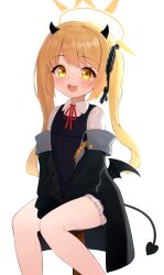 1girl :d black_jacket blonde_hair blue_archive blue_dress blush collared_shirt commentary demon_girl demon_horns demon_tail demon_wings dress feet_out_of_frame halo highres horns ibuki_(blue_archive) jacket long_hair looking_at_viewer low_wings neck_ribbon off_shoulder on_stool open_clothes open_jacket open_mouth parted_bangs pinafore_dress red_ribbon ribbon shirt simple_background sitting sleeveless sleeveless_dress smile solo stool tail teeth tisofofo twintails upper_teeth_only white_background wings yellow_eyes yellow_halo