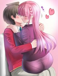 1boy 1girl black_hair blush bokutachi_wa_benkyou_ga_dekinai braid breasts closed_eyes couple dress_shirt glasses groping gu~derenko hetero highres hug jacket kirisu_mafuyu kiss large_breasts long_hair pantylines pencil_skirt pink_hair school_uniform shirt short_hair simple_background sitting sitting_on_person skirt teacher teacher_and_student yuiga_nariyuki