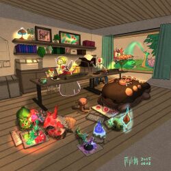._. 1girl 2others amejimai artist_name bag bag_over_head black_eyes blue_eyes blue_pants blue_sclera blunt_bangs bob_cut bonsly book bowl_cut bright_pupils bulbasaur buttons chair child child&#039;s_drawing clodsire closed_mouth colored_sclera colored_skin covered_eyes crayon cup curtains darkrai dated drawing_(action) dreepy flat_chest gardevoir gastly gen_1_pokemon gen_2_pokemon gen_3_pokemon gen_4_pokemon gen_5_pokemon gen_8_pokemon green_hair green_skin grey_shirt hair_over_one_eye happy highres holding holding_book holding_crayon holding_paintbrush ivysaur lamp lapras larvesta larvitar legendary_pokemon litwick long_sleeves lying mouth_hold multicolored_skin multiple_others mythical_pokemon nintendo noclip notebook office_chair on_back on_chair on_floor on_stomach one_eye_covered open_book open_mouth paint_splatter paint_splatter_on_face paintbrush painting_(action) paldean_wooper pants paper paper_bag picture_frame pokemon pokemon_(creature) pupitar quill ralts reading red_eyes rotom rotom_(normal) rotom_(other) sableye shelf shirt short_hair signature sinistea sitting sleeping smile spoink squirting_liquid surprised swivel_chair table teacup telekinesis two-tone_skin tyranitar volcarona water white_pupils white_skin wide-eyed window yellow_eyes