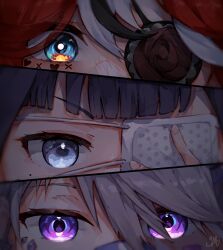 Rule 34 | 3girls, blue eyes, eye focus, eyepatch, grey hair, hair over one eye, hakos baelz, hakos baelz (steel rose), highres, hololive, hololive english, koseki bijou, koseki bijou (casual), ma draws, medical eyepatch, mole, mole under eye, multiple girls, ninomae ina&#039;nis, ninomae ina&#039;nis (school uniform), purple eyes, purple hair, red hair, virtual youtuber