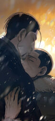 2boys black_hair blue_coat coat commentary_request facial_hair facial_scar fur-trimmed_hood fur_trim goatee golden_kamuy hand_on_another&#039;s_arm highres hood hooded_jacket hug ir_7770 jacket kiss kissing_forehead male_focus multiple_boys ogata_hyakunosuke scar scar_on_cheek scar_on_face short_sideburns sideburns sideburns_stubble snowing stubble tsukishima_hajime white_fur yaoi