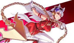 1girl animal_ears boots bow bowtie breasts brown_headwear chain gloves gold_ship_(umamusume) grin hey_cre high_heel_boots high_heels highres holding horse_ears horse_girl horse_tail large_breasts long_hair open_mouth pants pantyhose purple_hair red_bow red_bowtie red_eyes red_shirt shirt sleeveless sleeveless_shirt smile solo tail teeth umamusume white_boots white_gloves white_pants white_pantyhose