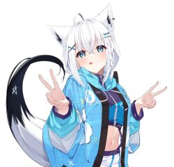 1girl :q ahoge animal_ear_fluff animal_ears aqua_eyes blue_jacket blush borumete braid commentary_request cropped_jacket double_v fox_ears fox_girl fox_tail hair_ornament hands_up hololive hood hooded_jacket jacket long_hair long_sleeves looking_at_viewer midriff navel open_clothes open_jacket pleated_skirt puffy_long_sleeves puffy_sleeves shirakami_fubuki side_braid sidelocks simple_background skirt solo tail tongue tongue_out upper_body v virtual_youtuber white_background white_hair white_skirt x_hair_ornament