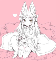 1girl ajitarou_(setsu) animal_ears emil_chronicle_online fox_ears fox_girl fox_tail hair_ornament japanese_clothes kimono loki_alma long_hair monochrome pillow tail thighhighs