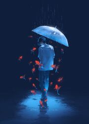 1boy black_hair black_pants fish from_behind full_body highres holding holding_umbrella male_focus original pants rain rido_(ridograph) shirt short_hair solo standing umbrella white_shirt