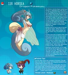 1boy 1girl blue_background creatures_(company) english_text fins game_freak gen_1_pokemon hat_feather highres horsea kinkymation long_hair looking_at_viewer mermaid monster_girl nintendo no_arms pokemon ponytail red_eyes smile