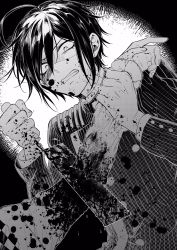 1boy ahoge angry blood blood_on_face buttons clenched_teeth commentary_request danganronpa_(series) danganronpa_v3:_killing_harmony double-breasted greyscale guro hands_up highres holding injury jacket japanese_saw long_sleeves looking_at_viewer male_focus monochrome mutilation nanin oma_kokichi saihara_shuichi saw short_hair solo_focus striped_clothes striped_jacket tears teeth upper_body