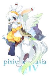 1girl animal_ears bag blue_eyes blush copyright_name earrings female_focus furry furry_female jewelry kishibe long_hair looking_at_viewer open_mouth original pixiv_fantasia pixiv_fantasia_4 rabbit scarf simple_background smile solo tail white_background white_hair