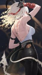 1girl absurdres arm_strap ass bare_back black_gloves black_horns black_pants black_tail blonde_hair breasts commentary cowboy_shot curled_horns demon_tail fire flame-tipped_tail gloves half_gloves hand_up highres horns hwan_(verypoor) large_breasts long_hair median_furrow pants red_eyes shirt solo tacet_mark_(wuthering_waves) tail toned toned_female white_shirt wuthering_waves zani_(wuthering_waves)