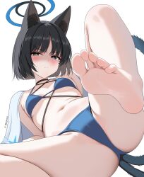 1girl absurdres animal_ear_fluff animal_ears barefoot black_eyes black_hair blue_archive blue_halo breasts bright_pupils cat_ears cat_girl cat_tail feet gugu0v0 halo highres kikyou_(blue_archive) kikyou_(swimsuit)_(blue_archive) long_hair looking_at_viewer medium_breasts multiple_tails navel official_alternate_costume parted_lips short_hair soles solo stomach swimsuit tail toes white_pupils