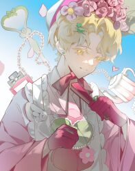 1boy absurdres alien_stage apron blonde_hair chinese_commentary closed_mouth colored_eyelashes commentary_request dun_xiaodao earrings flower folded_fan folding_fan gem gloves hair_flower hair_ornament hairclip hand_fan hat heart heart_hair_ornament highres holding holding_fan japanese_clothes jewelry kimono luka_(alien_stage) male_focus pearl_(gemstone) pink_flower pink_gloves pink_kimono pink_rose procreate_(medium) rose short_hair solo white_apron yellow_eyes