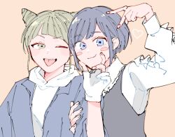 Rule 34 | 2girls, blue eyes, blue hair, blunt bangs, blush, collared shirt, commentary request, cone hair bun, double bun, frilled shirt, frilled sleeves, frills, fukurai azami, gloves, hair bun, hand on another&#039;s arm, hand on another&#039;s chin, heart, jasmine (toshi densetsu kaitai center), long sleeves, looking at viewer, multiple girls, one eye closed, open mouth, partially fingerless gloves, pink background, puffy sleeves, shirt, shishibone (deerbooornes), short hair, simple background, smile, tongue, tongue out, toshi densetsu kaitai center, upper body, v, white gloves, white shirt