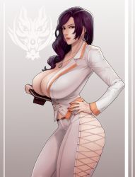 1girl absurdres amamiya_tsubaki belt breasts cleavage contrapposto earrings fingernails god_eater hand_on_own_hip highres holding hoop_earrings huge_breasts jewelry lipstick long_hair looking_at_viewer makeup materclaws mole mole_under_mouth nail_polish necklace pants purple_hair red_lips red_nails smile solo white_pants