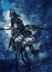 1boy 1girl armor armored_boots au_ra warrior_of_light_(ff14) back-to-back black_horns boots breastplate closed_mouth commentary_request dragoon dragoon_(final_fantasy) dutch_angle final_fantasy final_fantasy_xiv full_armor full_body gauntlets grey_hair height_difference helmet highres holding holding_polearm holding_weapon horns light_smile long_hair long_sleeves miniskirt pauldrons peppermint_jet plate_armor polearm scales shoulder_armor skirt spear standing thigh_boots thighhighs weapon zettai_ryouiki