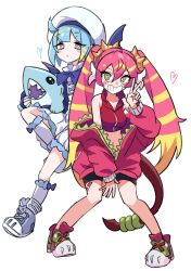 2girls absurdres bare_shoulders black_shorts blonde_hair blue_hair blush_stickers closed_mouth collarbone crop_top cropped_vest dot_mouth duel_monster full_body gabang green_eyes hat heart highres hood hooded_jacket jacket ki-sikil_(yu-gi-oh!) lil-la_(yu-gi-oh!) live_twin_ki-sikil live_twin_lil-la long_hair multicolored_hair multiple_girls navel pink_hair purple_eyes red_jacket red_vest short_hair shorts simple_background streaked_hair stuffed_animal stuffed_shark stuffed_toy tareme twintails two-tone_hair v very_long_hair vest virtual_youtuber white_background white_hat yu-gi-oh!