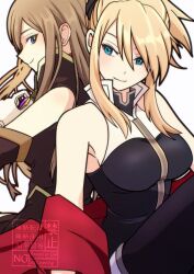 2girls back-to-back blonde_hair blue_eyes breasts brown_hair closed_mouth detached_sleeves komegura large_breasts legretta_(tales) long_hair multiple_girls sitting smile tales_of_(series) tales_of_the_abyss tear_grants watermark white_background
