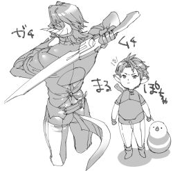 &gt;:( 1boy alternate_costume alternate_species arm_behind_head arms_up au_ra clenched_hands commentary_request cropped_legs dragon_tail facing_away final_fantasy final_fantasy_viii final_fantasy_xiv gloves great_serpent_of_ronka greyscale gunblade highres holding holding_weapon horns lalafell male_focus monochrome multiple_views pants pointy_ears ryouto shirt short_hair squall_leonhart standing tail toned toned_male translation_request v-shaped_eyebrows weapon weapon_on_back