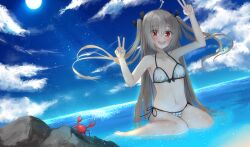 1girl absurdres atri atri-my_dear_moments- beach bikini blue_sky breasts cloud collarbone crab day double_v highres long_hair looking_at_viewer nodoameyatou outdoors red_eyes rock side-tie_bikini_bottom sitting sky small_breasts solo sun swimsuit v wariza white_bikini